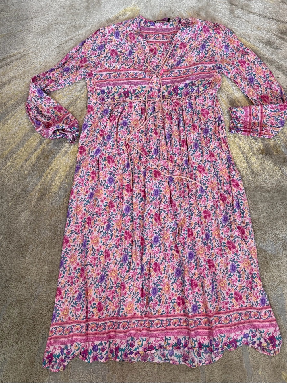 Bohemian Floral Midi Dress Pink Cottagecore Prairie Peasant Dress Size 6 - Picture 2 of 5